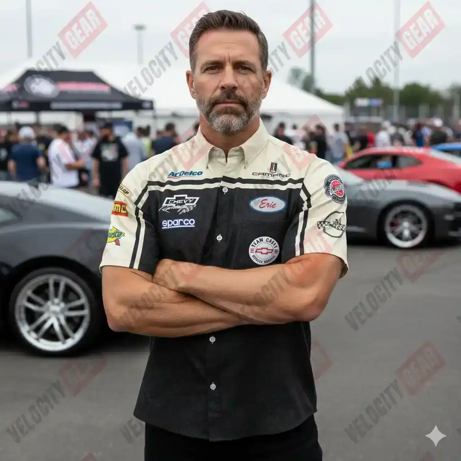 Chevy Mechanic Style Shirt – Creme & Grey Denim Simulation Pit Crew Button Down alternate view