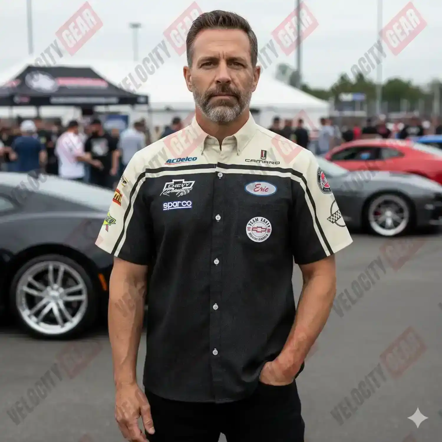 Chevy Mechanic Style Shirt – Creme & Grey Denim Simulation Pit Crew Button Down gallery 3