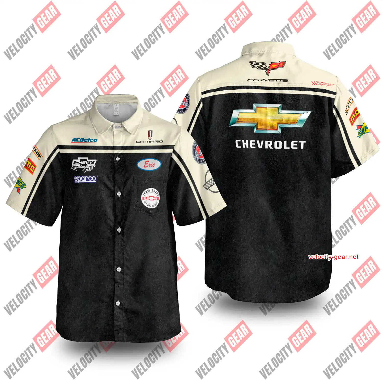 Chevy Mechanic Style Shirt – Creme & Grey Denim Simulation Pit Crew Button Down gallery 4