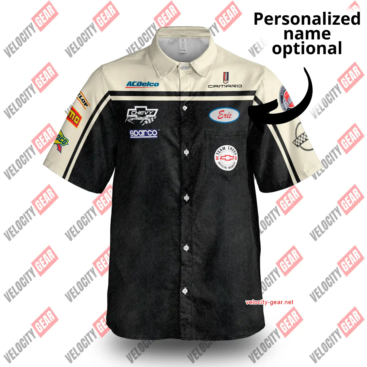 Chevy Mechanic Style Shirt – Creme & Grey Denim Simulation Pit Crew Button Down gallery 2