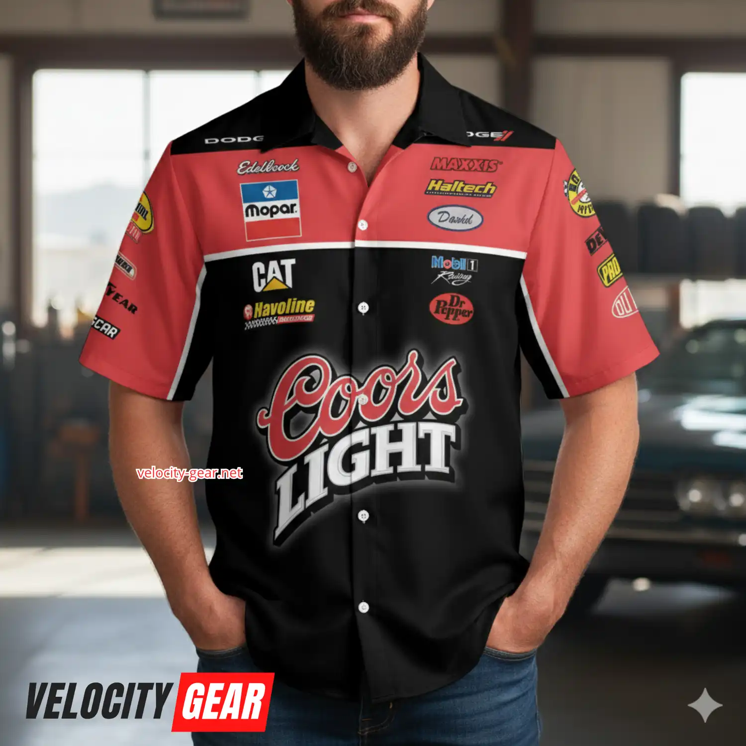 Custom Chrysler Racing Pit Crew Shirt – Coors Light Sponsor – Black & Red Button Down alternate view