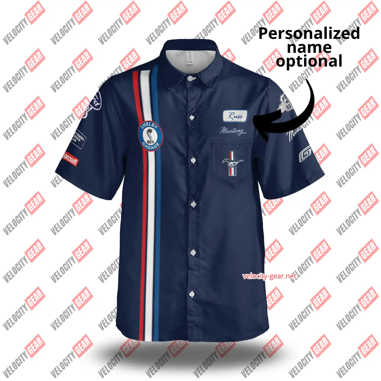 Ford Mustang Old Style Shelby Garage Button Shirt – Blue Pit Crew Short Sleeve gallery 2