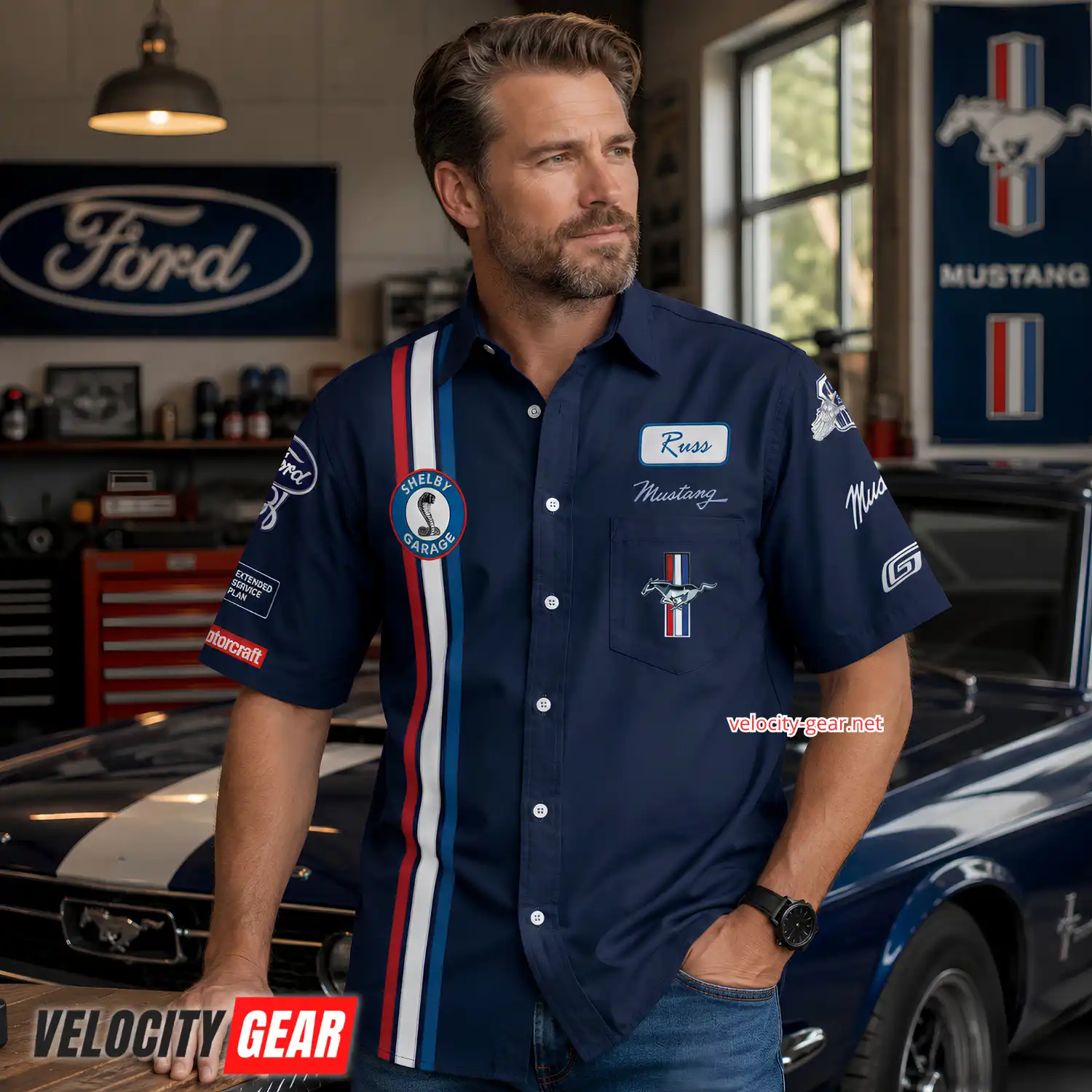 Ford Mustang Old Style Shelby Garage Button Shirt – Blue Pit Crew Short Sleeve alternate view