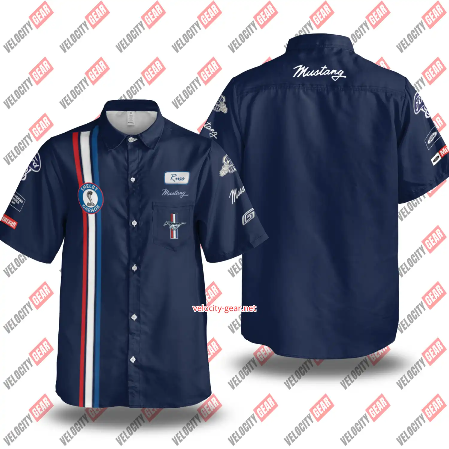 Ford Mustang Old Style Shelby Garage Button Shirt – Blue Pit Crew Short Sleeve gallery 3
