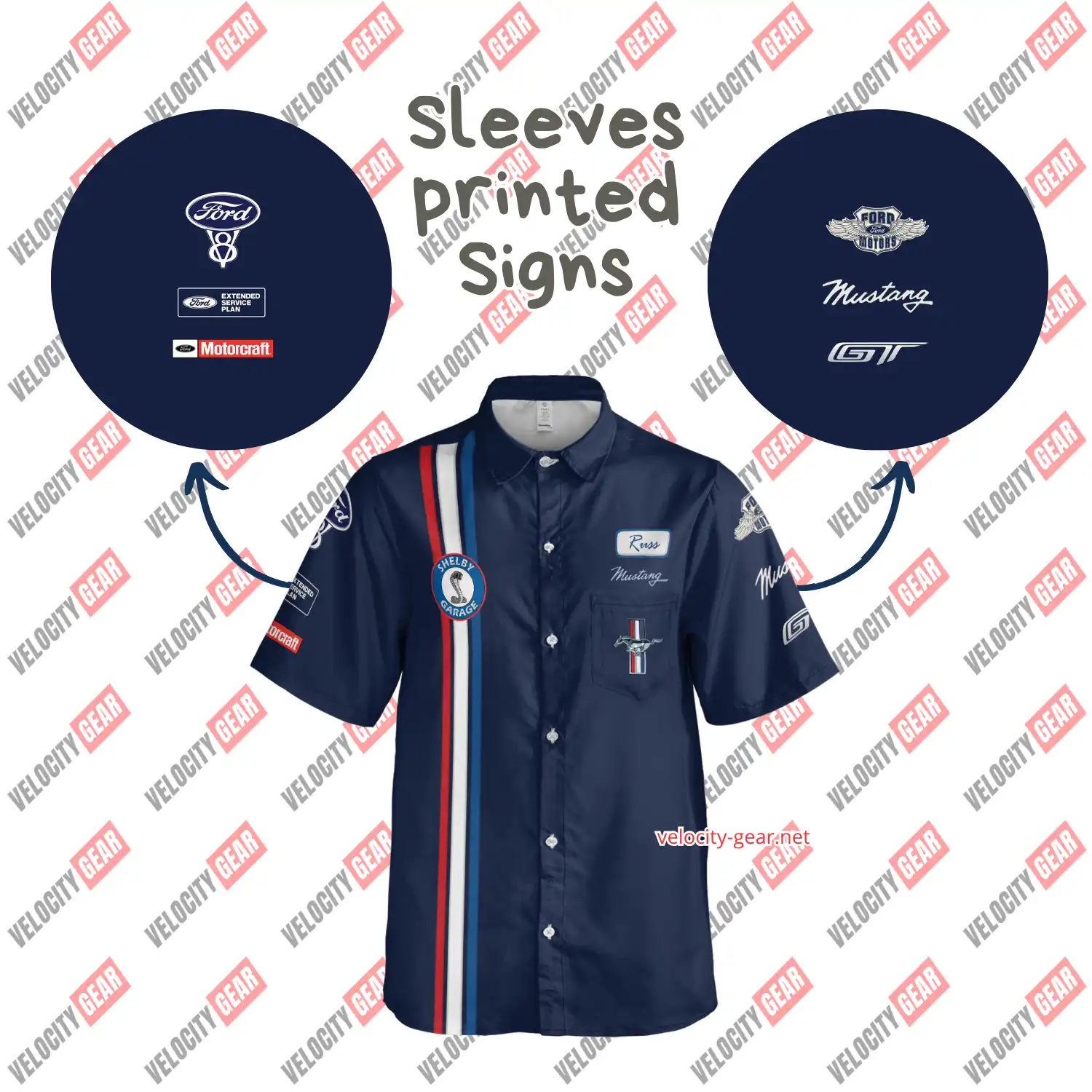 Ford Mustang Old Style Shelby Garage Button Shirt – Blue Pit Crew Short Sleeve gallery 4