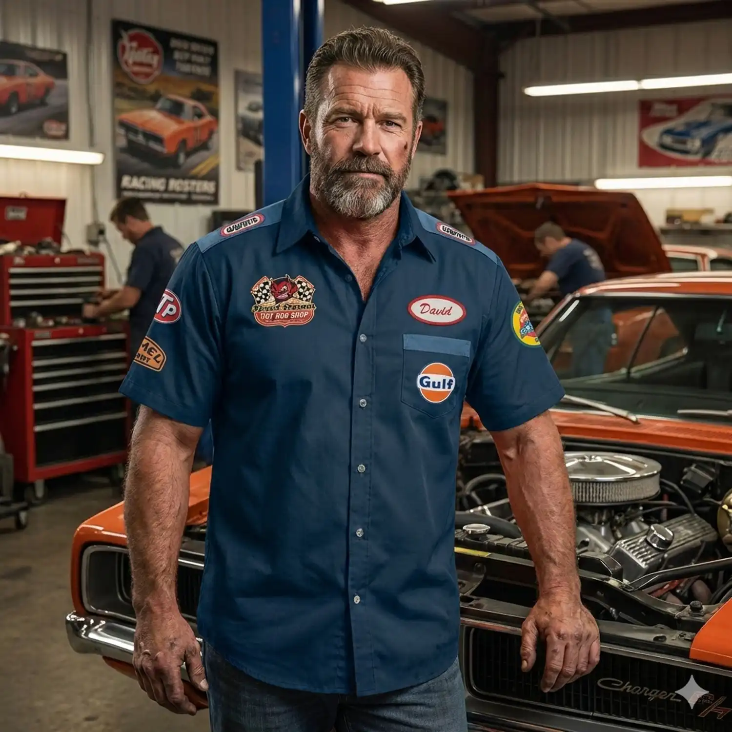 Vintage Garage Mechanic Style Shoulder Patch Blue Button Down Shirt alternate view