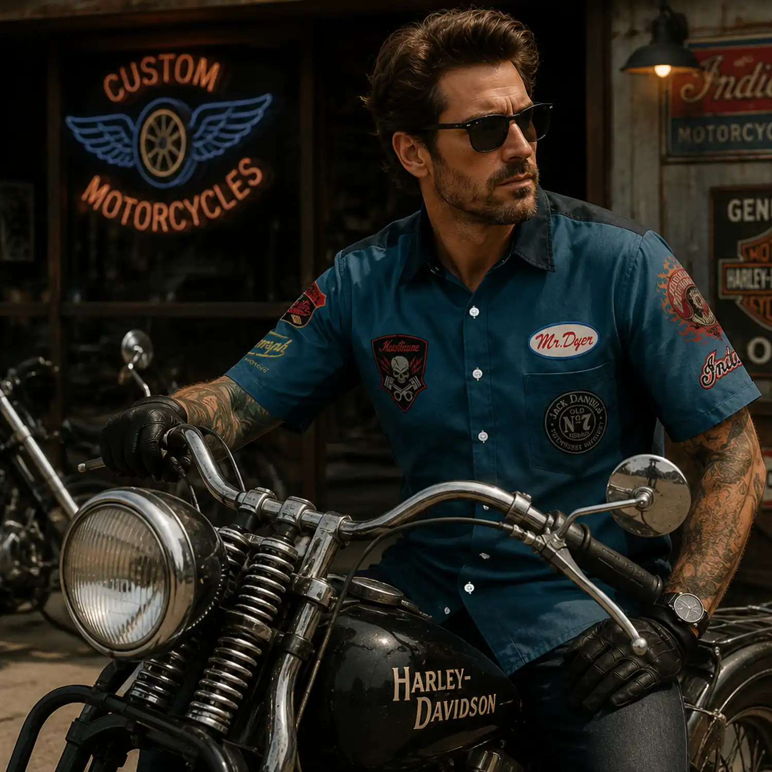 Vintage Motorcycle Style Dirt Denim Simulation Button Shirt alternate view