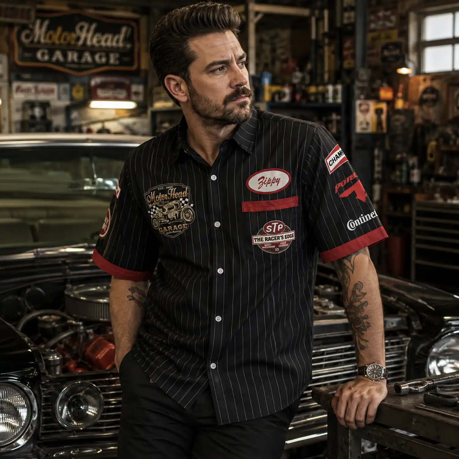 Custom Old Style Mechanic Button-Down Black Shirt Lightweight alternate view