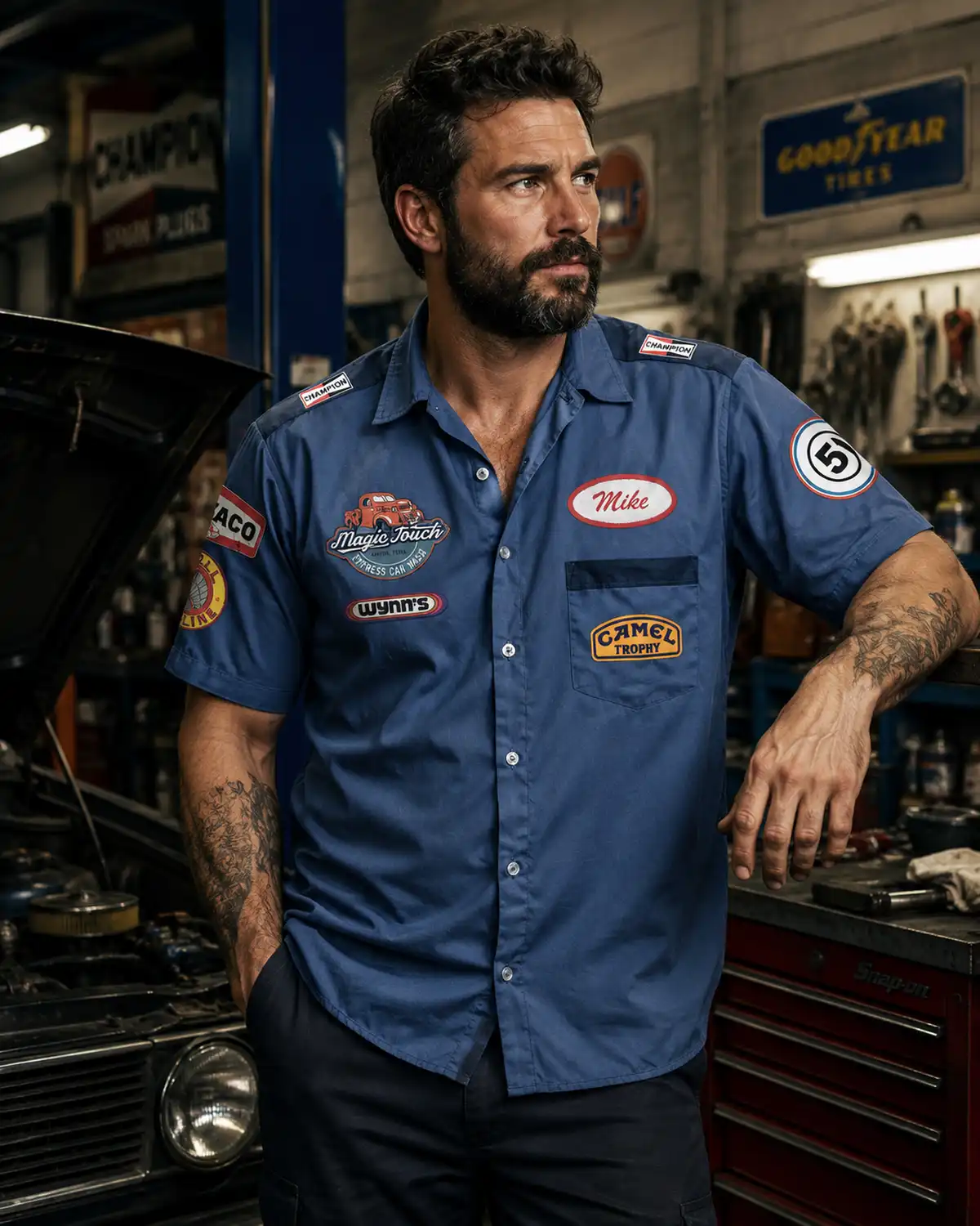 Personalized Light Blue vintage style mechanic button down Shoulder Patch Printed shirt alternate view
