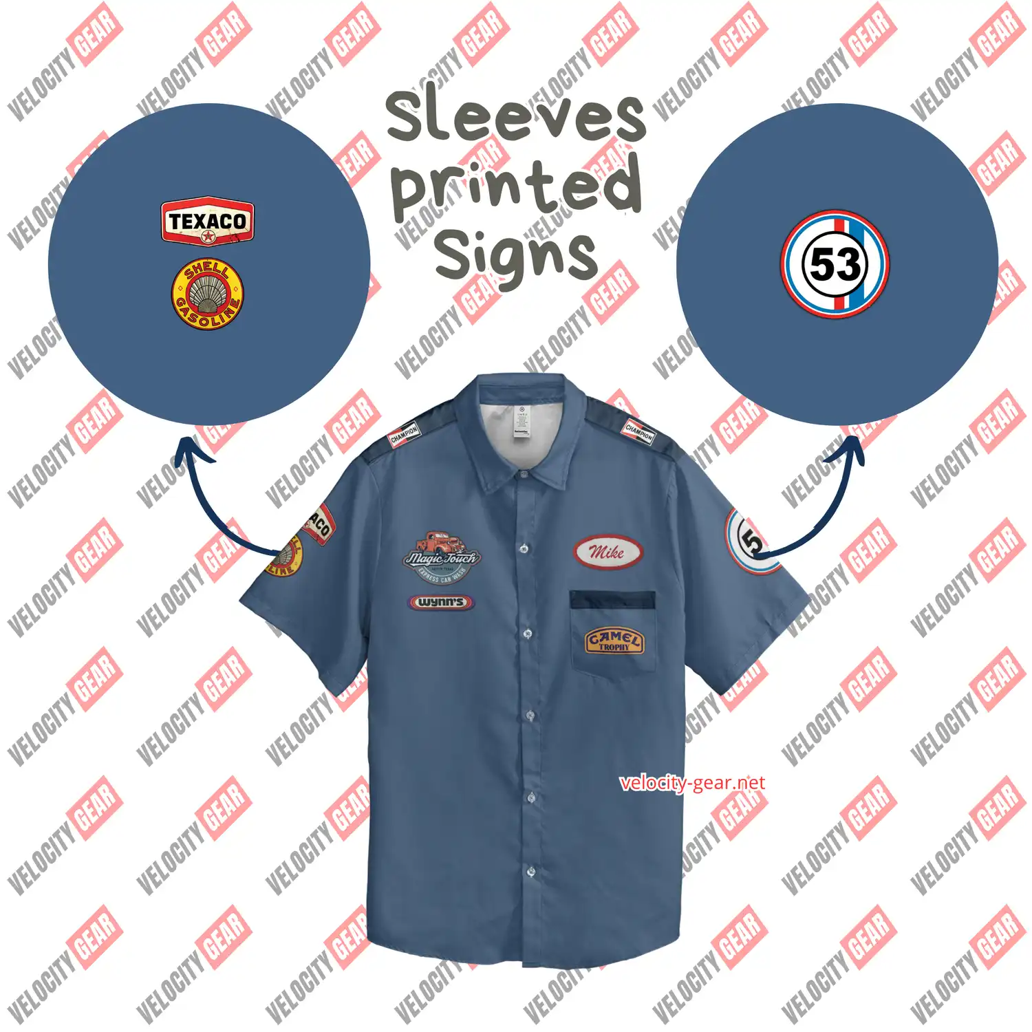 Personalized Light Blue vintage style mechanic button down Shoulder Patch Printed shirt gallery 4
