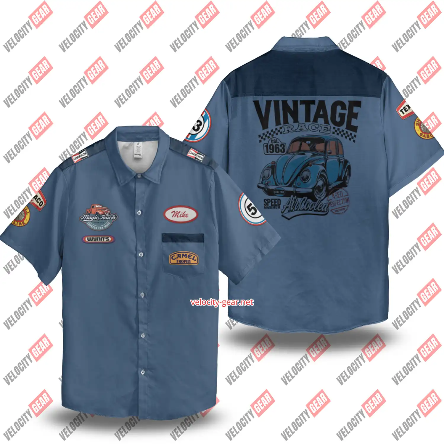 Personalized Light Blue vintage style mechanic button down Shoulder Patch Printed shirt gallery 2
