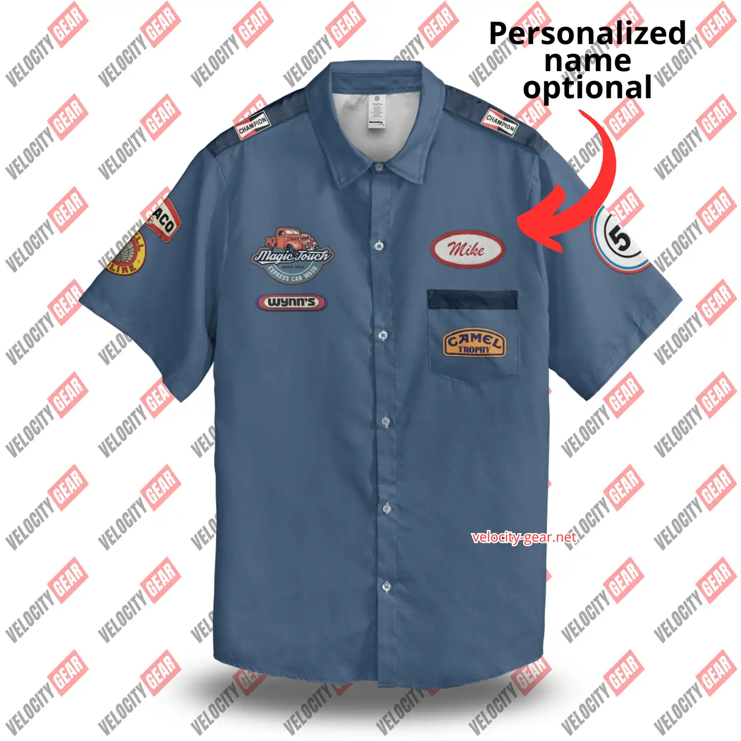 Personalized Light Blue vintage style mechanic button down Shoulder Patch Printed shirt gallery 1