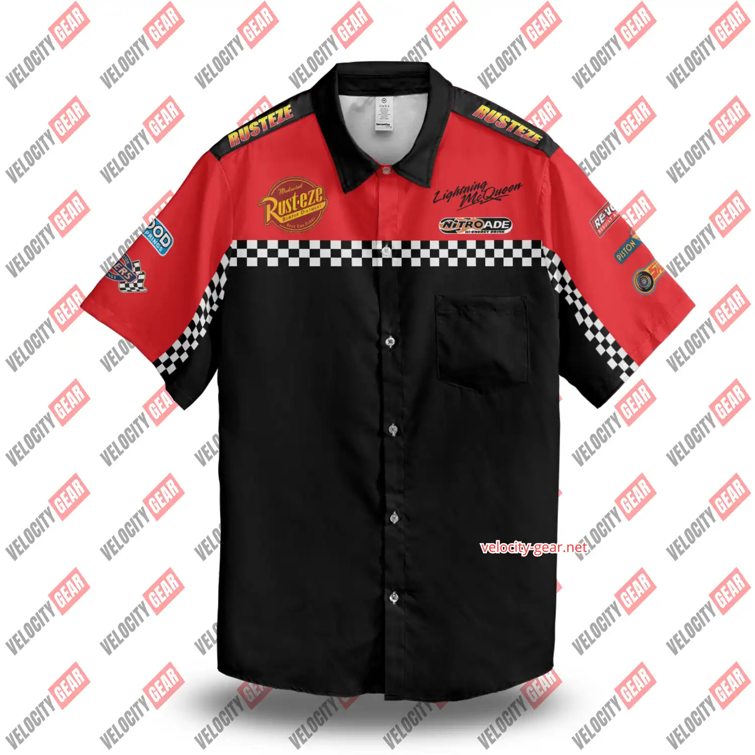 Rust-Eze Lightning Mcqueen pit crew inspired button-down lightweight shirt alternate view