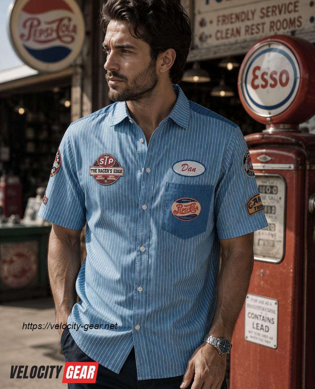 Old Style Mechanic Denim Simulation button-down lightweight shirt alternate view