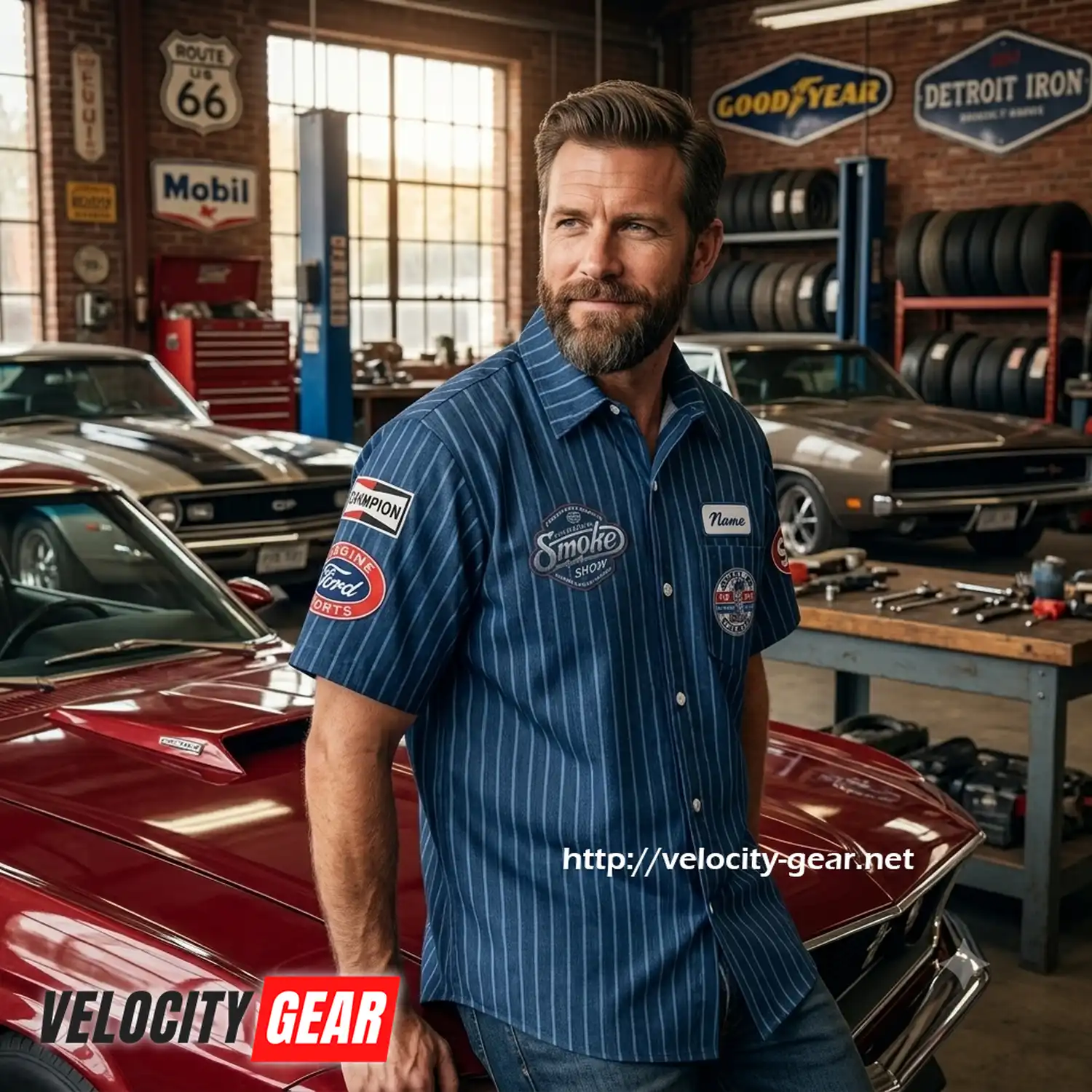 Personalized Shelby Cobra Mechanic Shirt – Men's Vintage Pinstripe Racing Button-Down alternate view