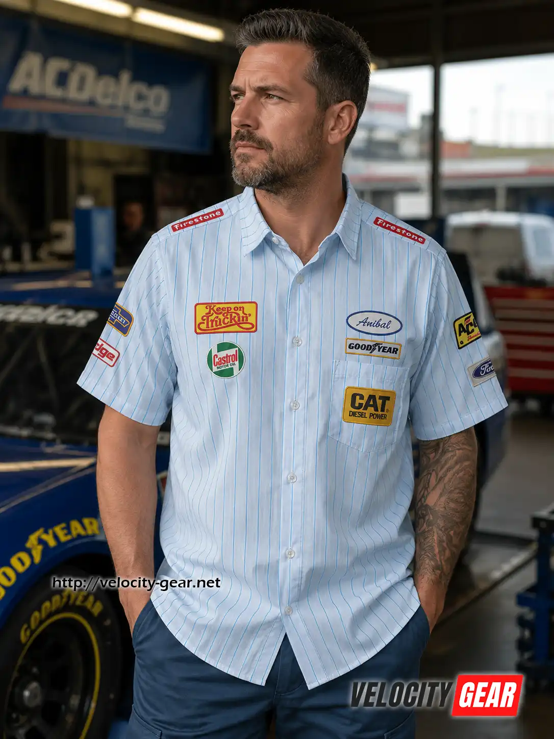 Vintage Racing Mechanic Shirt for Men – FAKE PATCHES Retro Pit Crew Garage Workwear Button Up alternate view