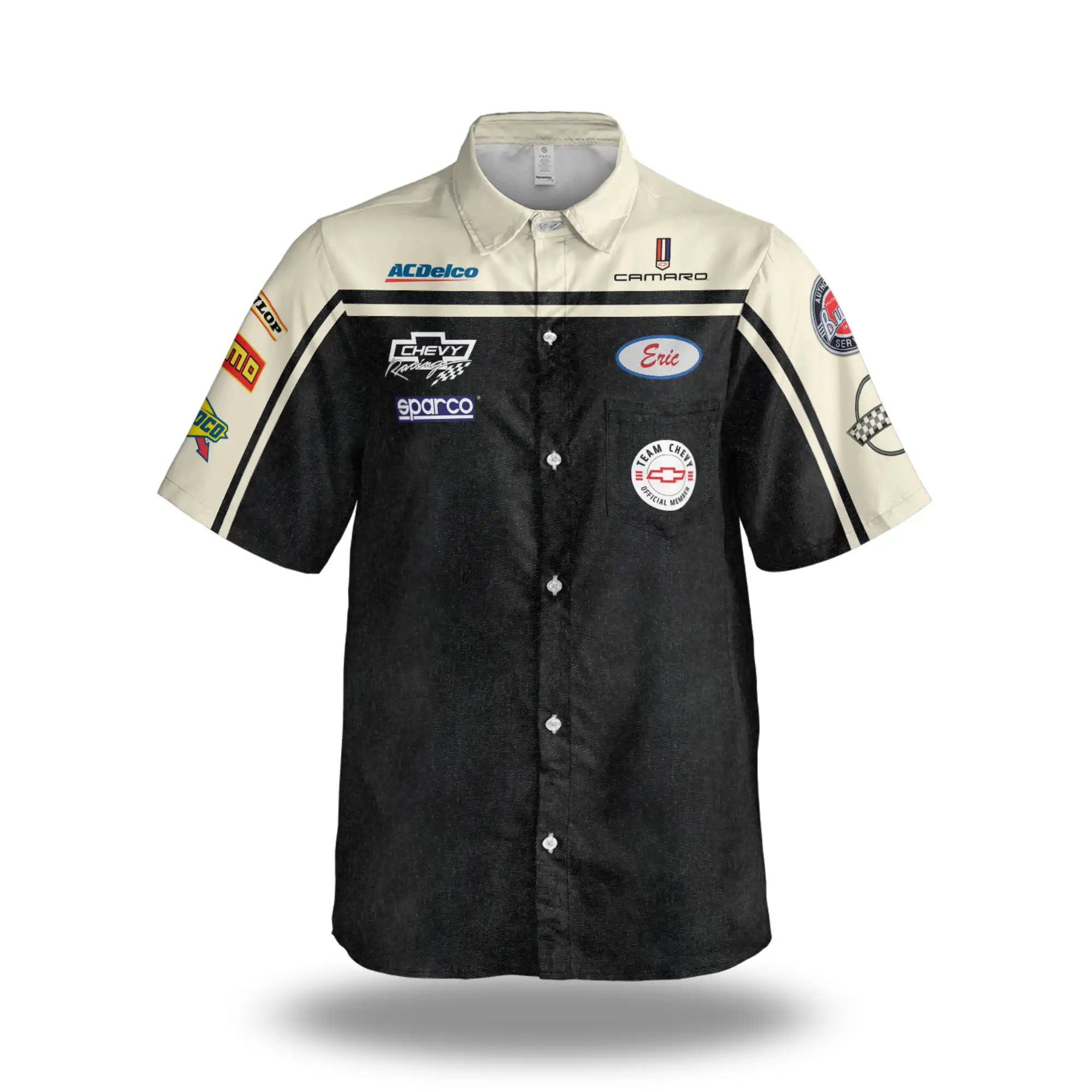 Chevy Mechanic Style Shirt – Creme & Grey Denim Simulation Pit Crew Button Down