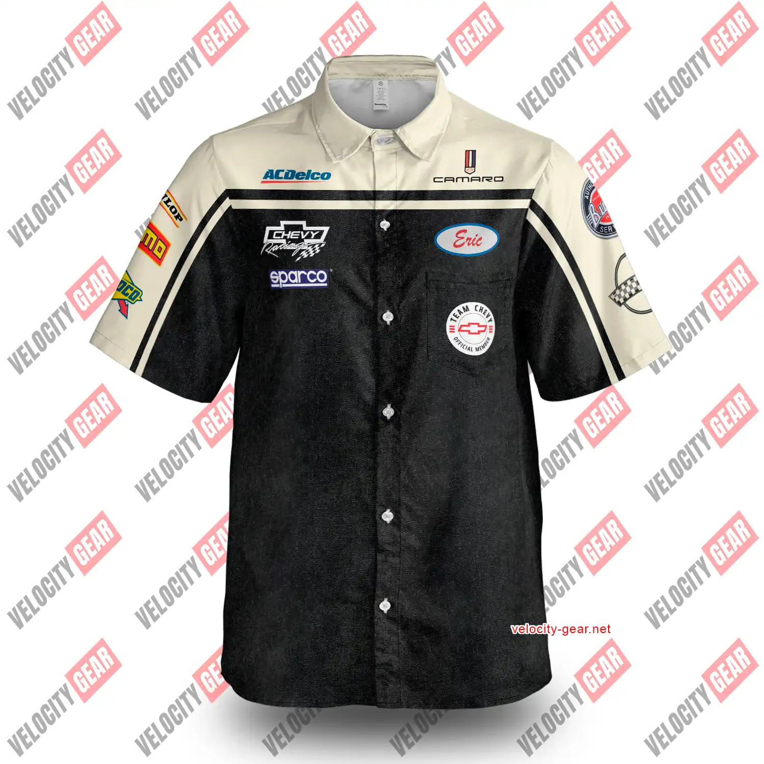 Chevy Mechanic Style Shirt – Creme & Grey Denim Simulation Pit Crew Button Down