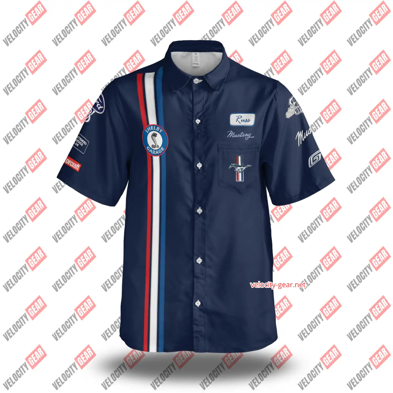 Ford Mustang Old Style Shelby Garage Button Shirt – Blue Pit Crew Short Sleeve