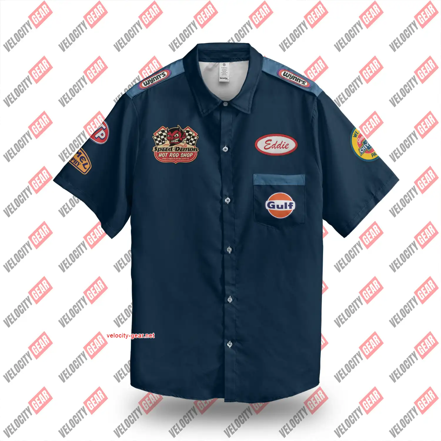 Vintage Garage Mechanic Style Shoulder Patch Blue Button Down Shirt