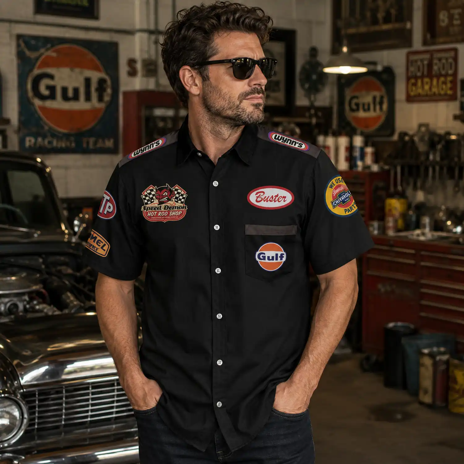 Mechanic Style Vintage Garage Black Button-Down Printed Shirt