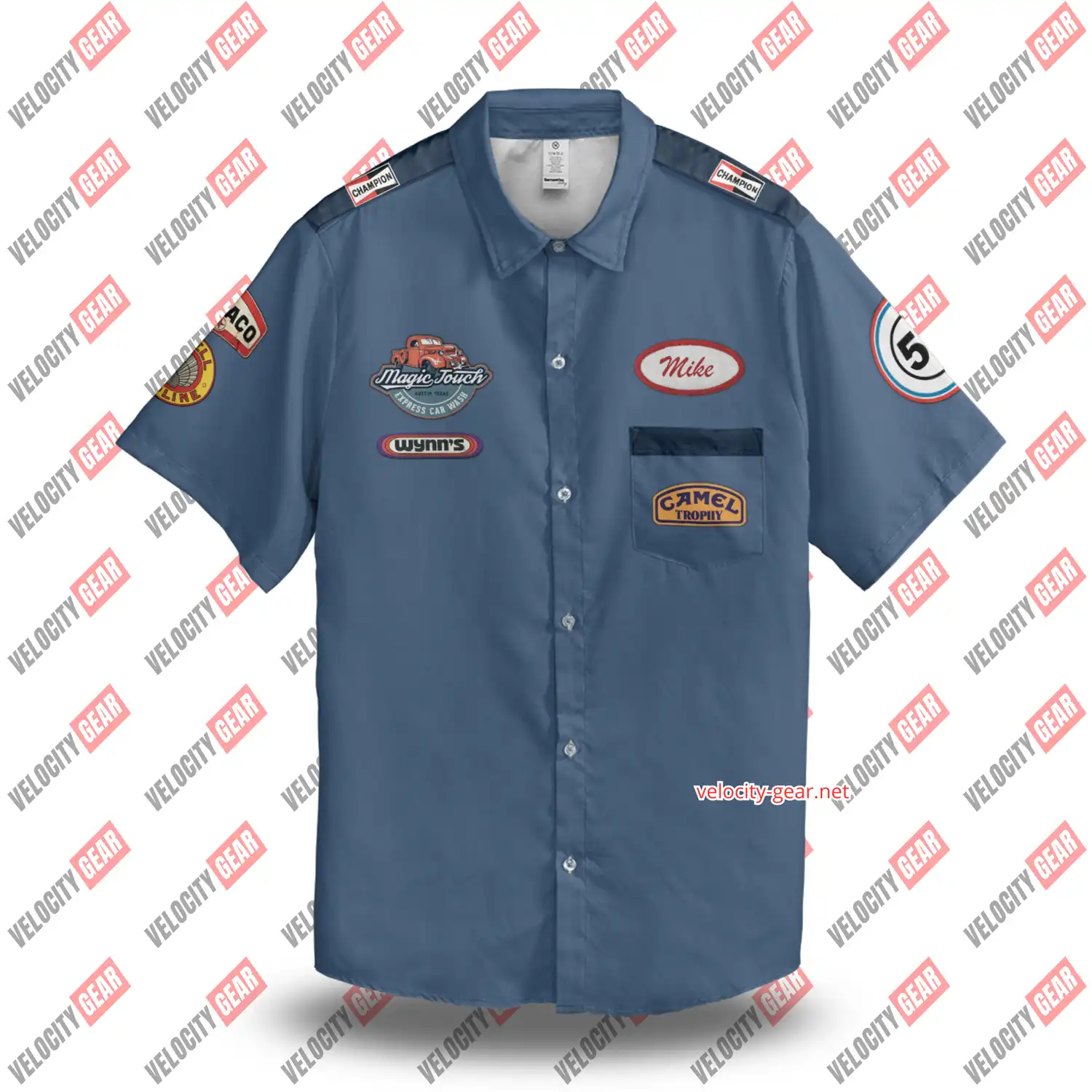 Personalized Light Blue vintage style mechanic button down Shoulder Patch Printed shirt