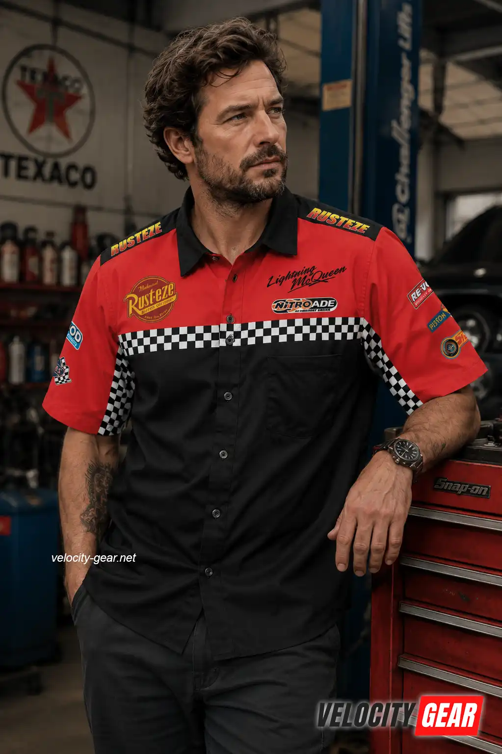 Rust-Eze Lightning Mcqueen pit crew inspired button-down lightweight shirt
